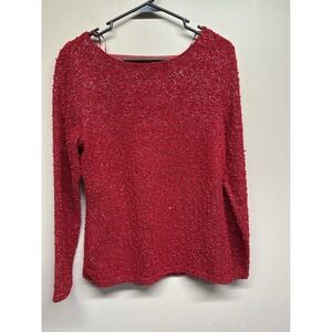 Jennifer Lopez Red Sequin Sparkle Textured Long Sleeve V Neck Top Shirt Womens L